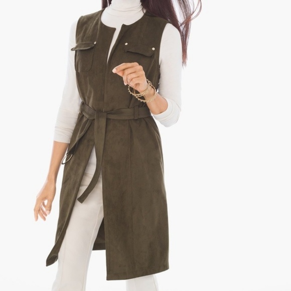CHICOS FAUX SUEDE VEST AMBERED OLIVE - Picture 2 of 6